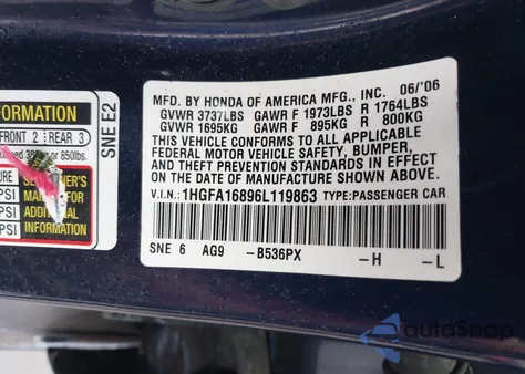 2006 Honda Civic Ex from USA, damaged, VIN 1HGFA16896L119863